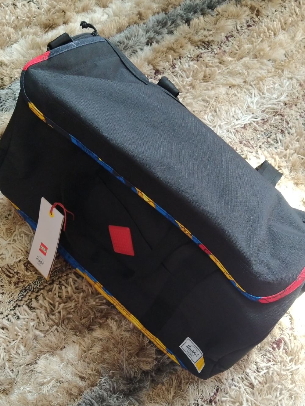 NWT RARE Herschel Black Duffel Bag with Colorful Trim - LEGO x Herschel Style